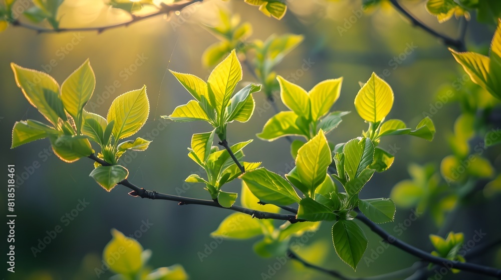 Early Spring Lush Green Foliage with Warm Sunlight Illuminating the Branches Early Spring Lush Green Foliage with Warm Sunlight Illuminating the Branches