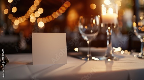 Mockup white blank space card, for Name place, Folded, greeting on wedding table setting background. photo