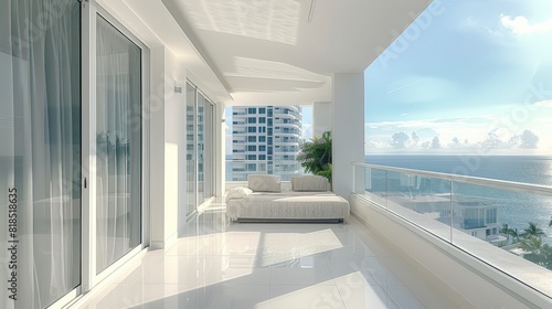 Open balcony, white flooring, white furniture. Generative AI. © visoot