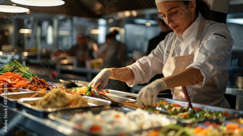 Close up of a buffet worker wearing protective gloves distributing and pouring food
 photo