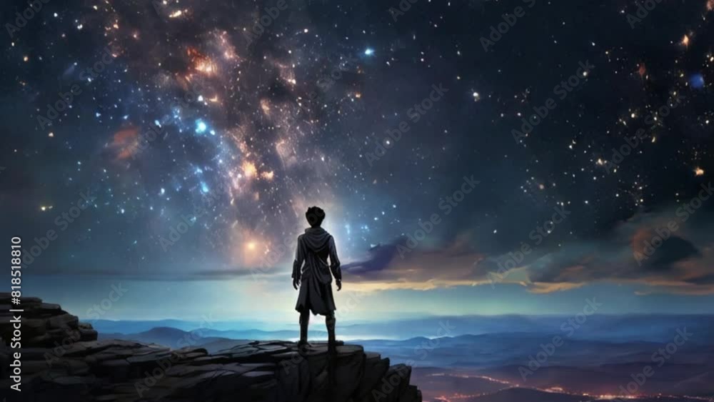 male figure standing atop a cliff overlooking a vast, starlit landscape, their silhouette male figure standing atop a cliff overlooking a vast, starlit landscape, their silhouette