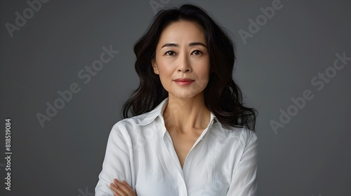 Confident and Poised Asian Business Executive in White Shirt Stands with Positive Demeanor in