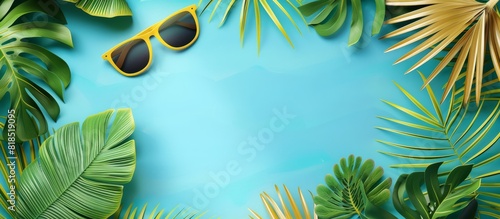A painting of seashells  stars  sunglasses  straw hats and green pine branches on a blue background with copy space for advertising. Vacation  summer travel concept  copy space  