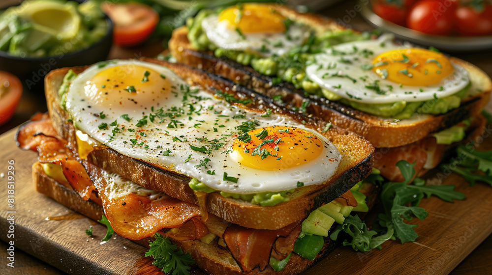 Delicious breakfast with fried eggs and avocado toast sandwich Delicious breakfast with fried eggs and avocado toast sandwich