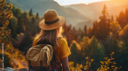 a woman with a hat and backpack looking at the mountains and trees in the distance with the sun shining on her..