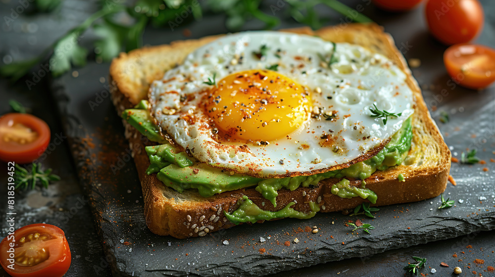 Delicious breakfast with fried eggs and avocado toast sandwich Delicious breakfast with fried eggs and avocado toast sandwich