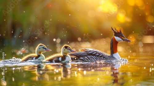 Bird family. Nature and bird. Green yellow water nature background. Bird: Great Crested Grebe.