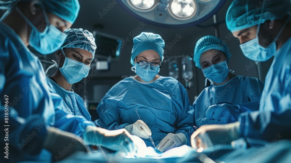 Group of surgeons in hospital operating theater. Medical team performing surgery in operation room. Group of surgeons in hospital operating theater. Medical team performing surgery in operation room.