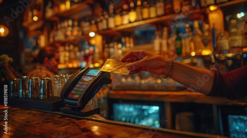 Customer's hands paying with contactless credit card with NFC technology. Bartender with credit card reader at bar counter with woman holding credit card. focus on hands photo