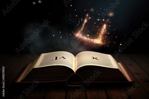 Open Magic Book with magical light on the table on a black background. Runes, Fortune-telling, divination, Black magic. Wizard's book, wizardry, witchcraft and sorcery