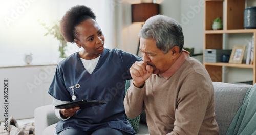 Home, nurse and senior man with cough or tablet in consultation with support or help. Sick, patient or elderly caregiver with person in hospice with lung cancer, tuberculosis or breathing with asma