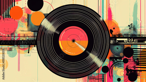A vinyl record with bright colors and abstract shapes in the background