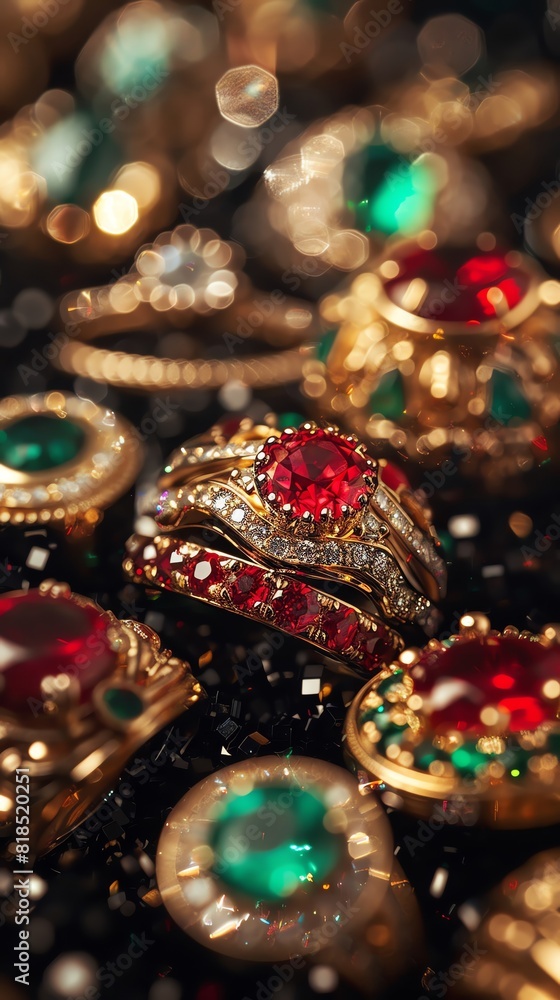 A close-up image of a pile of gold rings and gemstones A close-up image of a pile of gold rings and gemstones