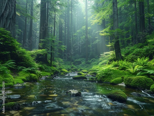 Majestic Forest Landscape with Lush Greenery and Serene Stream Flowing through Moss-Covered Rocks Under Soft Sunlight Filtering Through Trees