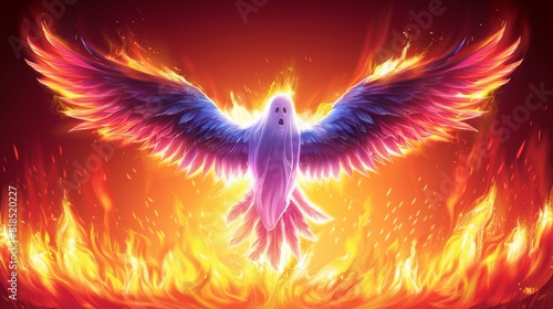 Majestic Ghost Phoenix Rising From Flames Illustration Vibrant Artwork Depicting the Mythical Rebirth of the Legendary Firebird in Intense Colors © Ross