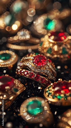 A close-up image of a pile of gold rings and gemstones