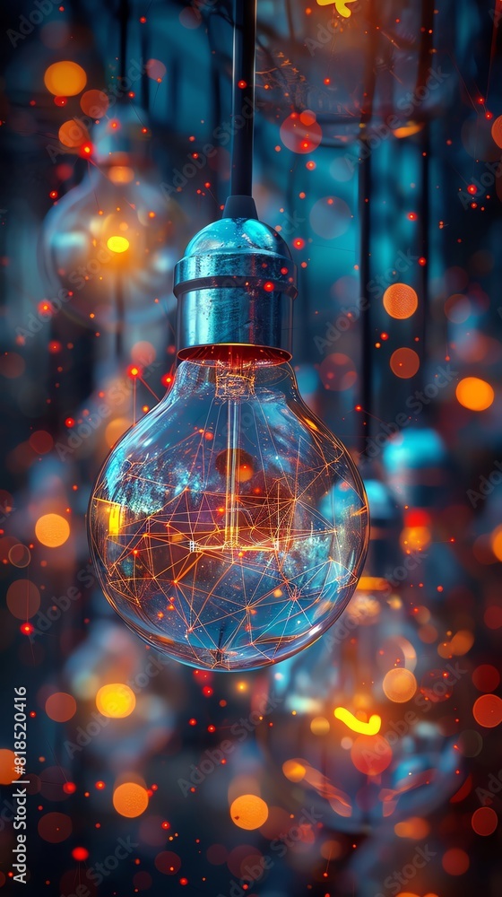 An abstract artwork showing a network of light bulbs controlled by touch, each bulb containing encrypted passwords An abstract artwork showing a network of light bulbs controlled by touch, each bulb containing encrypted passwords