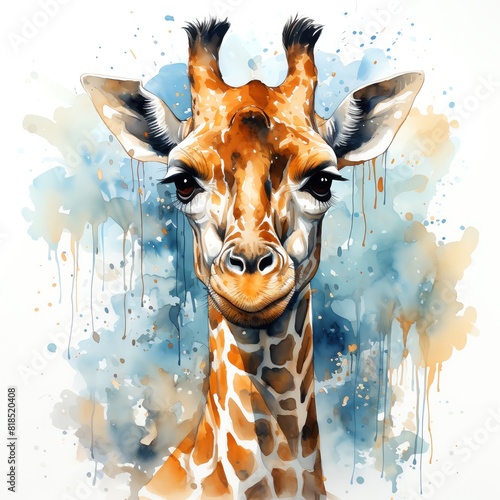 A watercolor painting of a giraffe with blue and yellow splatters in the background. photo