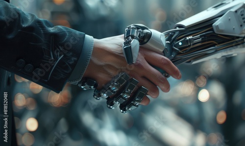 human and robot hand shaking, futuristic business concept