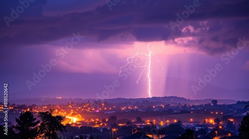 Dramatic, Explosive Bolt of Lightning Illuminating the Night Sky. Powerful, Dynamic Electrical Discharge for Weather, Energy, Nature, and Technology Concepts.A flash of lightning in the night