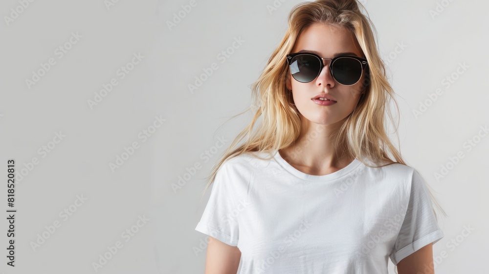 Attractive young blonde woman shows confidence in a blank t-shirt and stylish sunglasses on a pristine white background. Attractive young blonde woman shows confidence in a blank t-shirt and stylish sunglasses on a pristine white background.