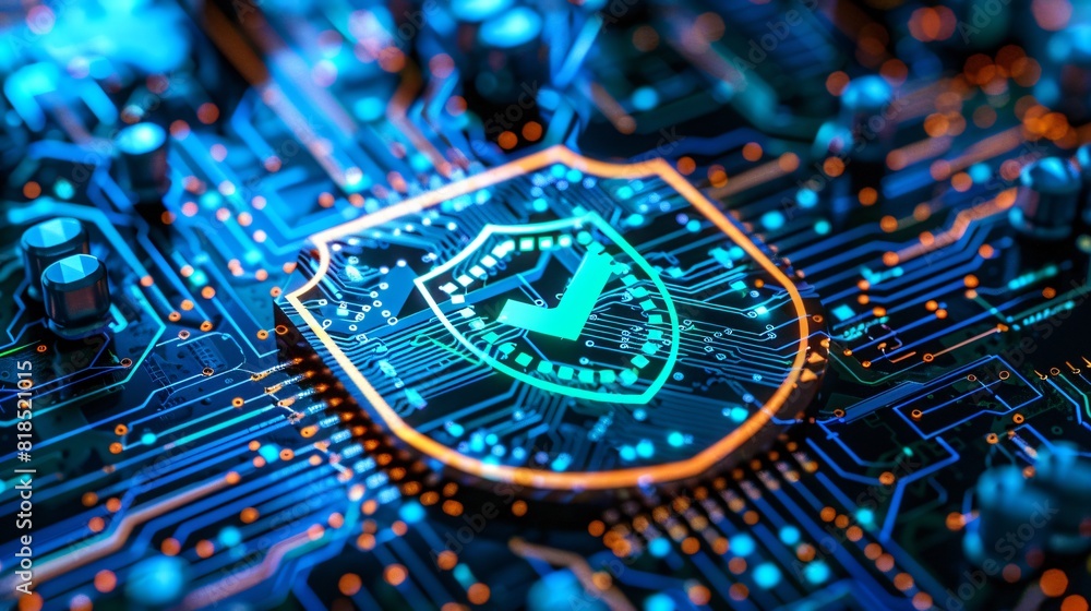 Cybersecurity Shield with Checkmark on Circuit Cybersecurity Shield with Checkmark on Circuit