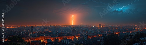 Dramatic  Explosive Bolt of Lightning Illuminating the Night Sky. Powerful  Dynamic Electrical Discharge for Weather  Energy  Nature  and Technology Concepts.A flash of lightning in the night
