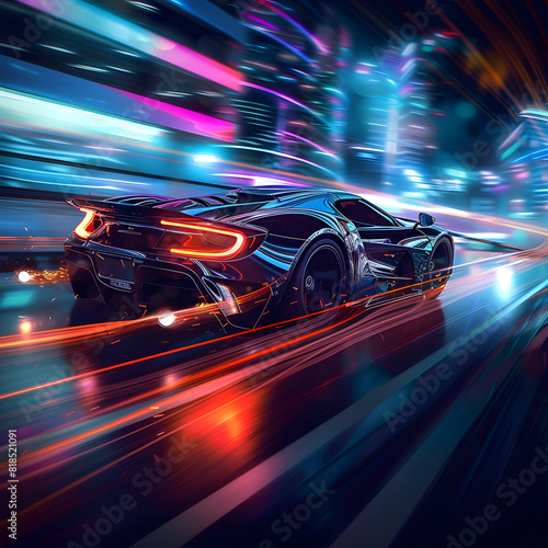 Velocity Unleashed: A Dynamic Representation of Futuristic High-Speed Car in a Dystopian Cityscape