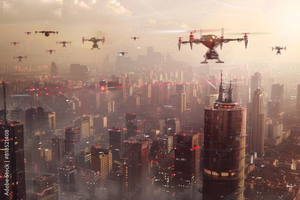 A conceptual artwork of AI-driven drones flying autonomously through urban environments A conceptual artwork of AI-driven drones flying autonomously through urban environments