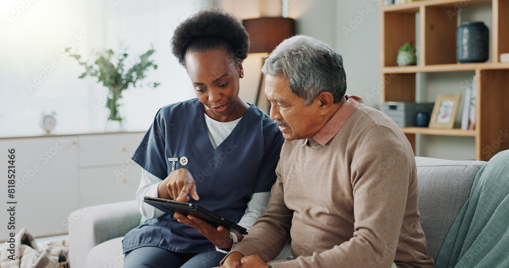 Nurse, senior and discussion with tablet on sofa for healthcare, communication or consultation at home. Woman or medical caregiver helping and talking to elderly male person on technology for advice Nurse, senior and discussion with tablet on sofa for healthcare, communication or consultation at home. Woman or medical caregiver helping and talking to elderly male person on technology for advice