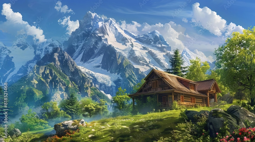 serene mountain retreat ai generated idyllic house nestled in lush green landscape with majestic peaks in background digital painting