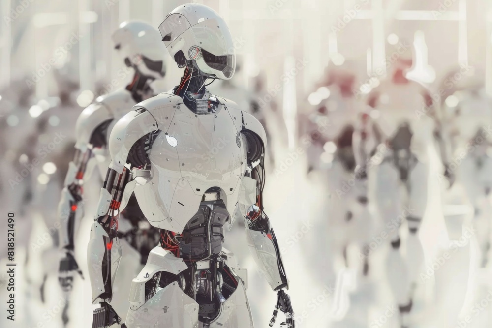 A conceptual illustration of AI-powered robotics with humanoid figures and advanced mechanical limbs A conceptual illustration of AI-powered robotics with humanoid figures and advanced mechanical limbs
