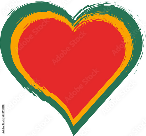 Heart shape with paint brush textured stripes in traditional African colors red, yellow, green. Design element for Juneteenth, Kwanzaa, Black History month. Transparent background.
