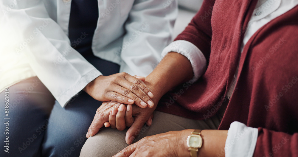 Closeup, hands or care as doctor, patient or healthcare consultation to trust, support or help. People, lab coat or touch as hope, faith or prayer in medical appointment to discuss retirement health