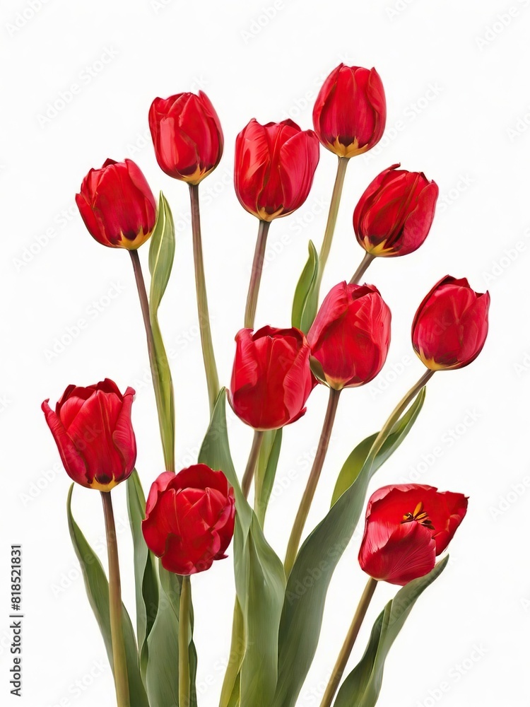 Beautiful red tulips on long stems on a white background, close-up Beautiful red tulips on long stems on a white background, close-up