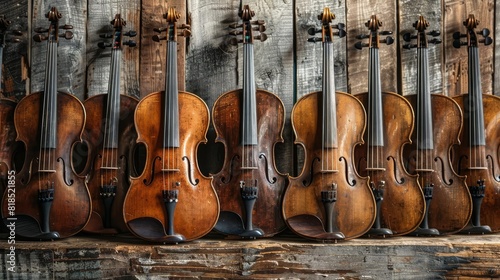 elegant violins neatly lined up against rustic wall highcontrast photography photo