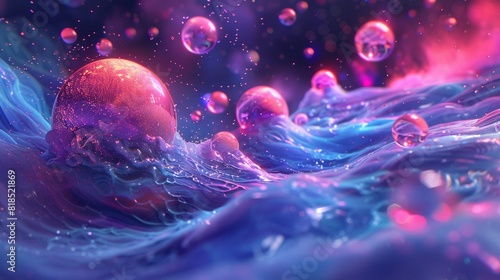 Liquid anime spheres, tessellated backdrop, neon splash , DALL-E 2 photo