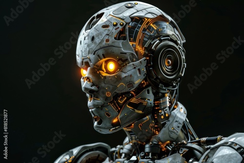 A futuristic robot with glowing AI eyes and intricate computer chip patterns adorning its metallic body