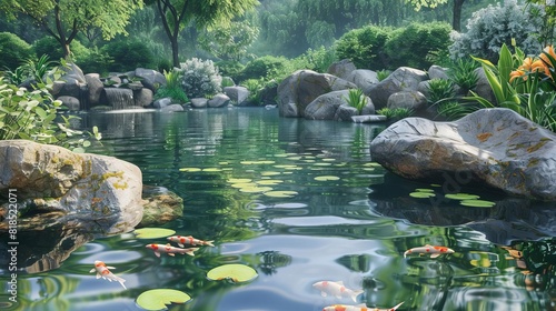 stunning koi pond with decorative rocks and lush greenery 3d illustration