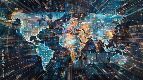 A world database map where modernity meets data, technology convergence and visualization, a tech vibe. Presenting global information in a visually appealing format photo