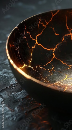 Artistic bowl with intricate golden cracks, showcasing the Japanese art of Kintsugi, set against a dark textured background.