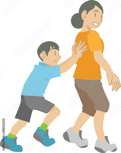 母親の背中を押す息子のイラスト