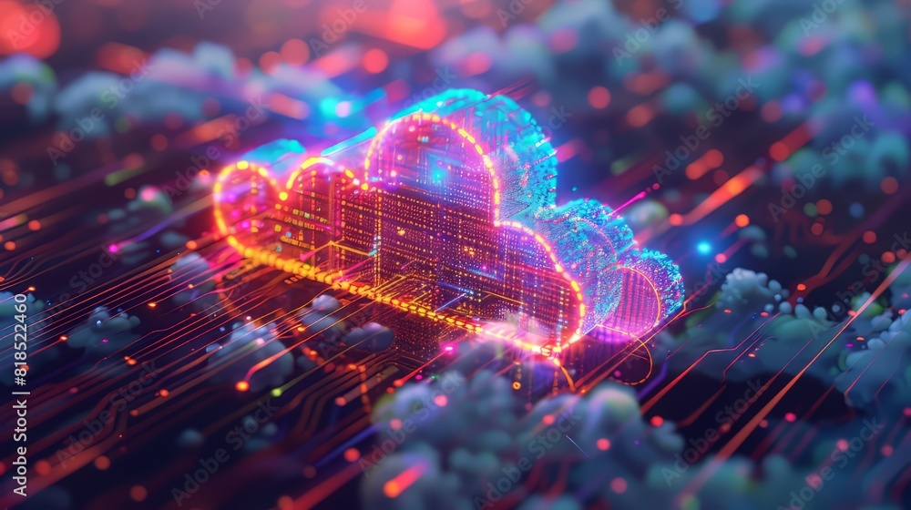 glowing blue and pink cloud made of tiny dots and circuitry glowing blue and pink cloud made of tiny dots and circuitry