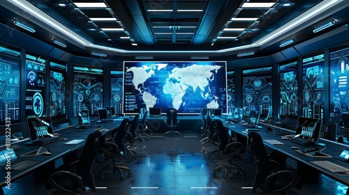 Futuristic secret underground lair with screens showing world map and various data.