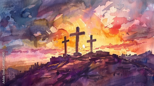 serene sunrise at golgotha with three crosses holy sepulchre watercolor painting