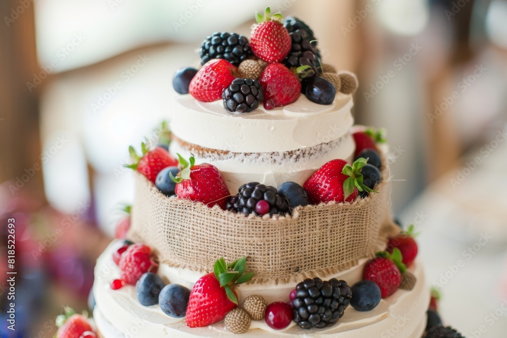 A rustic-themed wedding cake adorned with burlap ribbon and fresh berries A rustic-themed wedding cake adorned with burlap ribbon and fresh berries
