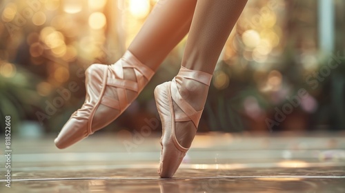 Close-up of ballet dancer's feet en pointe in satin shoes, performing on a shiny floor with bokeh lights.
 photo