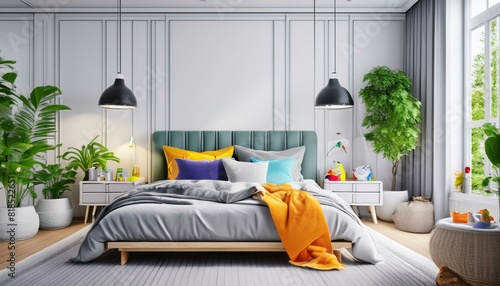 Children's room with bed and soft toys, white wall mock up in kids room interior, 3d rendering photo