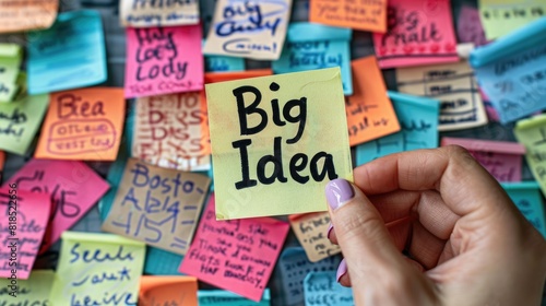 Hand holding a yellow sticky note with "Big Idea" surrounded by colorful sticky notes, showcasing brainstorming and innovation.