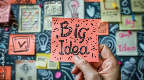 Hand holding a sticky note with "Big Idea" against a background of colorful sticky notes and doodles, representing brainstorming and creativity.